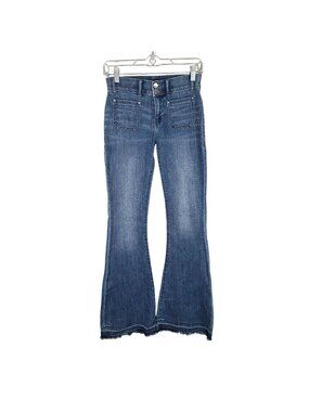 Womens Express Jeans Bell Flare Mid Rise Blue Denim Pants Raw Hem Size 00R